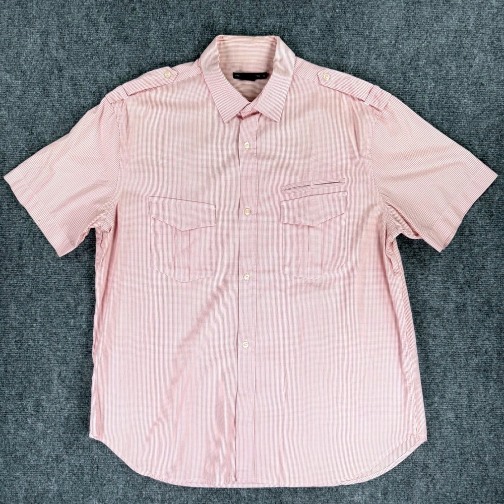 French Connection Men's XL Red White Gingham Short Sleeve Utility Shirt